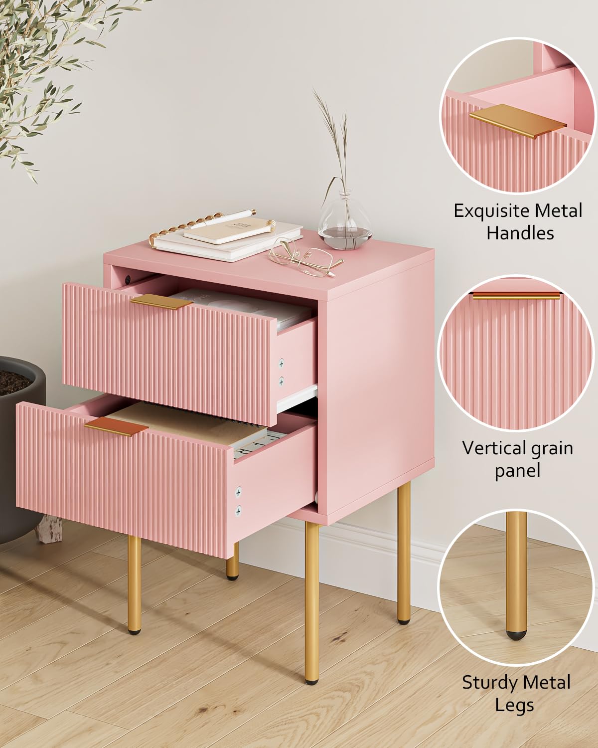 Masupu Night Stand,Mid-Century Modern Bedside Table with 2 Storage Drawer,Small Gold Frame Side End Table for Bedroom,Living Room, Pink