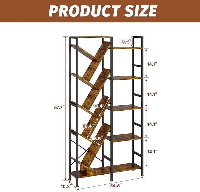 5-Tier Double Wide Bookshelf 67", Industrial Tree BookShelves, Vintage Storage