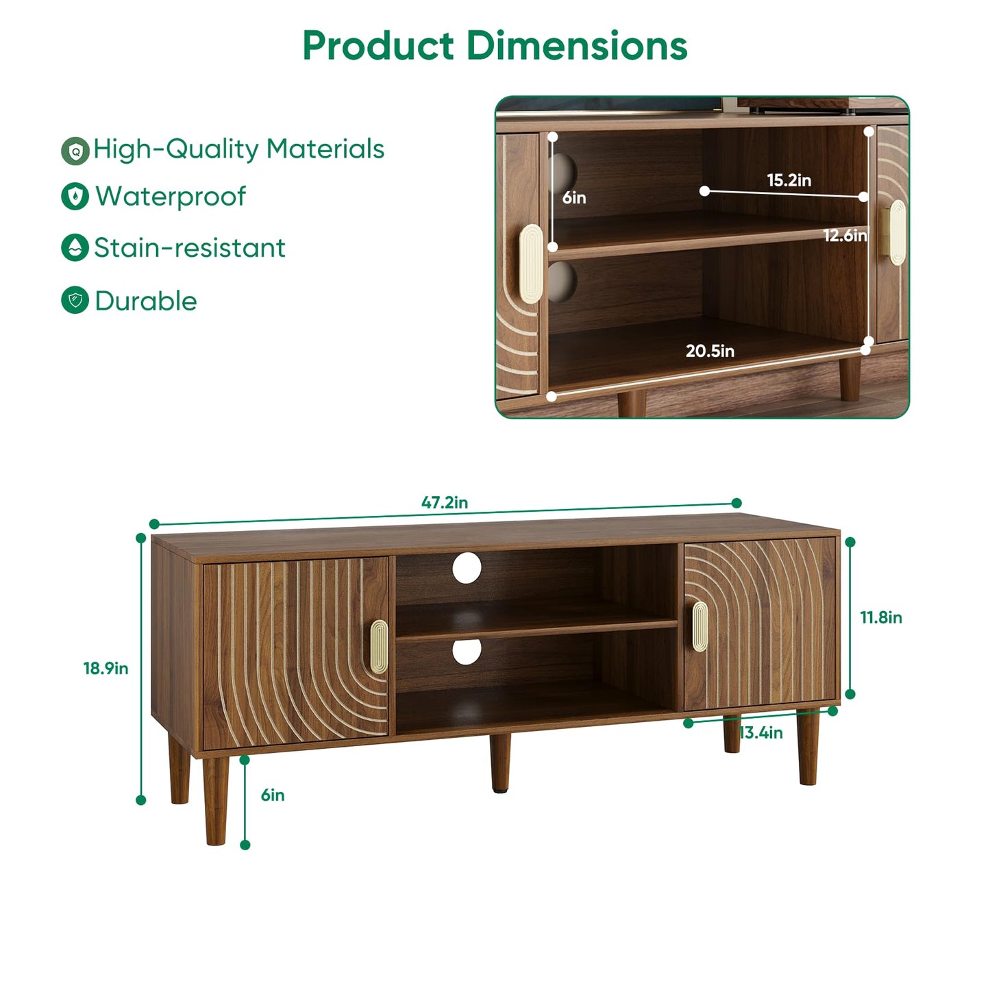 Algherohein 47" TV Stand for TVs up to 55 Inch, Entertainment Center with Storage and Adjustable Shelves, Modern Media Console for Living Room, Walnut