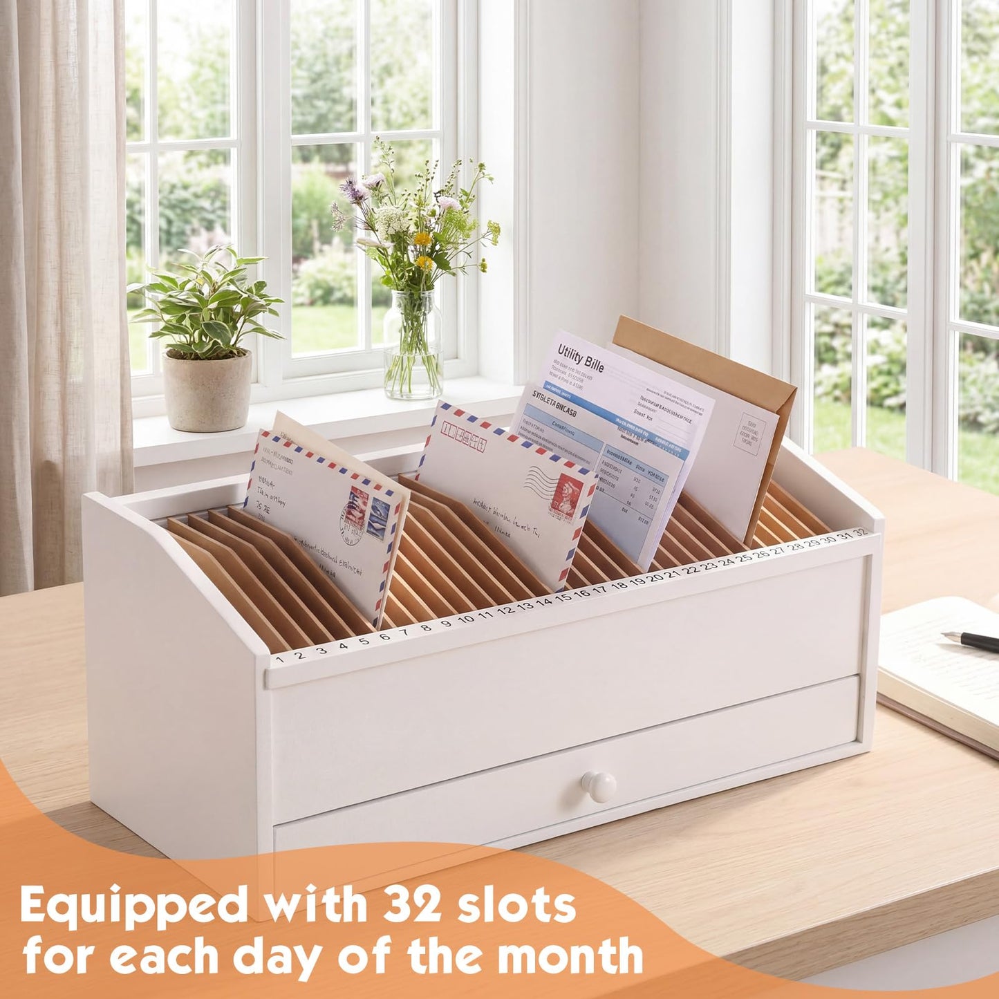 Teecyhooo Wood Desktop Organizer with Drawer, 17 Inch 32 Section Bill & Mail & File Organizer Storage for Office Desk, Desktop Mail Holder and Office Supplies Storage, Letter and Paper Sorter (White)