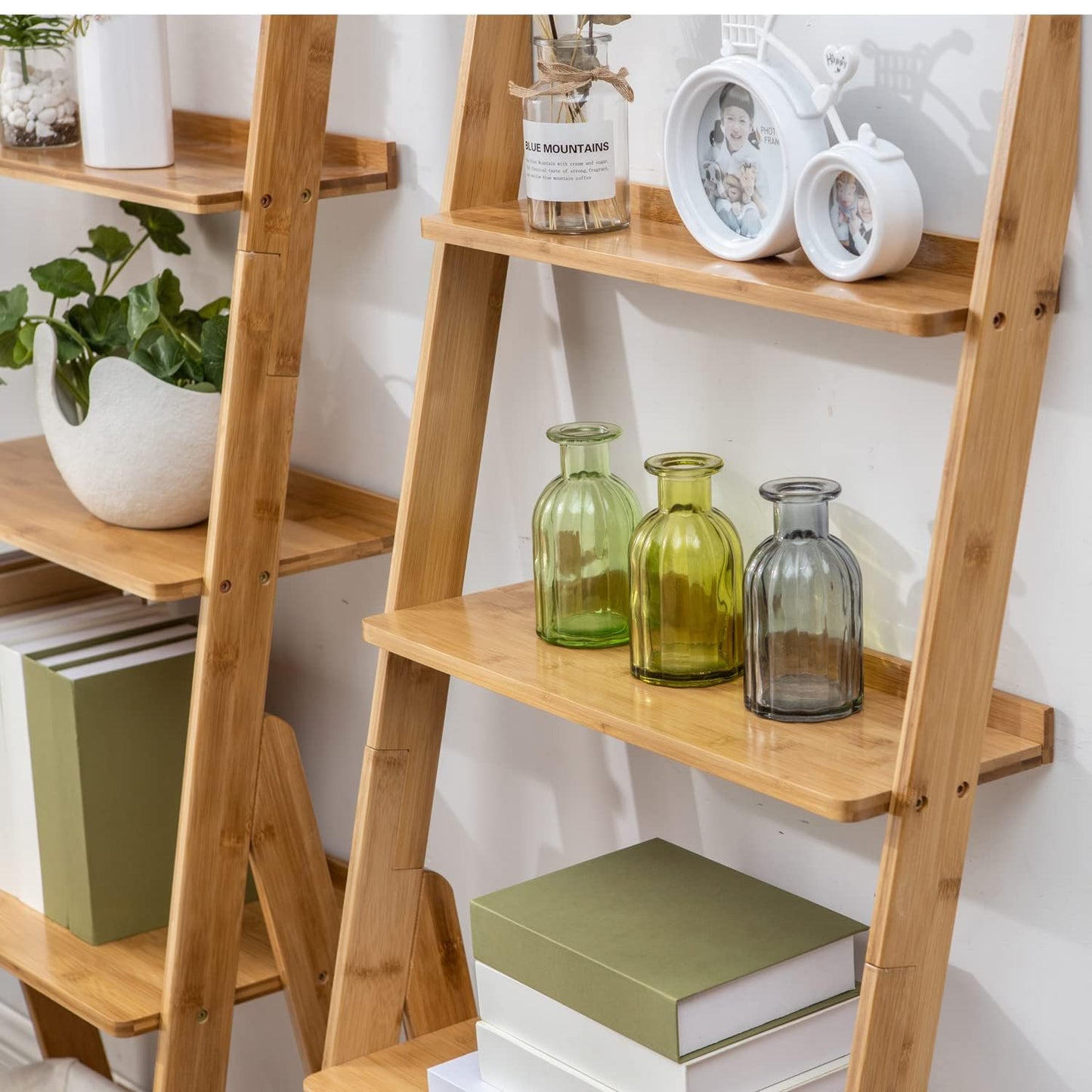 Maydear Bamboo Ladder Shelf Bookcase, 4-Tier Leaning Bookshelf Free Standing Organizer Storage Shelves for Living Room, Bedroom, Kitchen, Home Office, Balcony, Wood Color