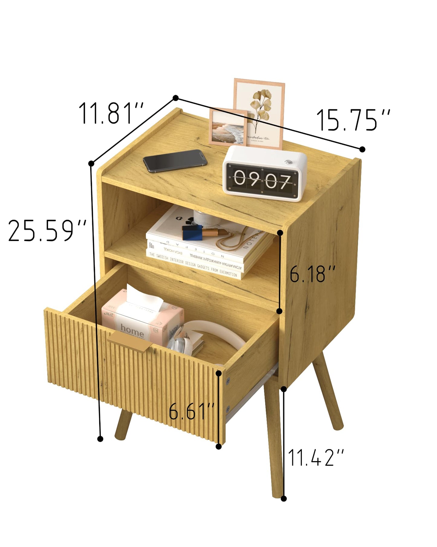 JOONEE Nightstand,Modern Bedside Table with Storage Drawer and Open Wood Shelf, for Living Room, Bedroom and Small Spaces, Accent Night Stand with Solid Wood Legs, Easy Assembly,Vintage Yellow Oak