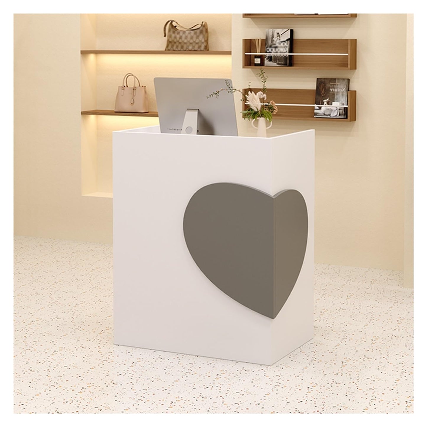 Modern Reception Desk with Counter Small Front Desk with Lockable Drawer Retail Checkout Counter for Clothing Store Lobby Beauty Salon(White+Dark Gray,80x90x45cm)
