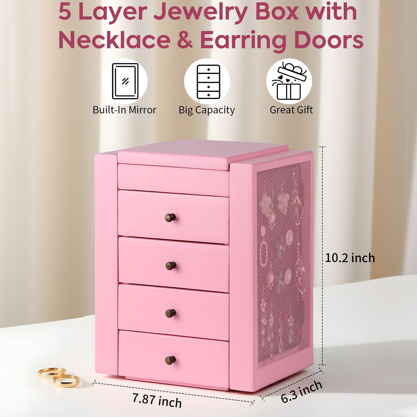 Meangood Jewelry Box Wood for Wowen, 5-Layer Large Organizer Box with Mirror & 4 Drawers for Rings, Earrings, Necklaces, Pink