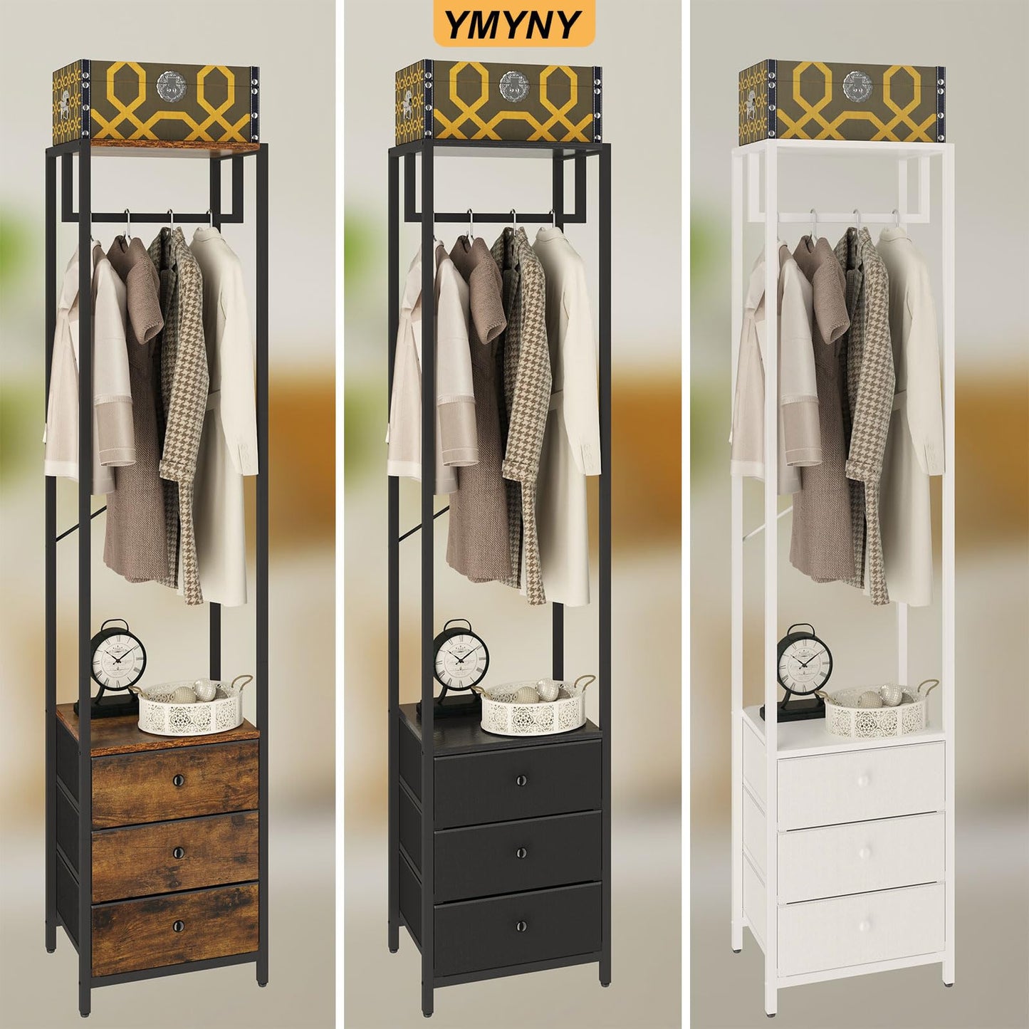 YMYNY Coat Racks, Clothes Rack with Drawers, Freestanding Tall Closet Organizer with 3 Fabric Drawers, Clothes Stand for Hanging Shirts, Coat,15.35" L×11.41" W×70.47" H, White UHGR001W