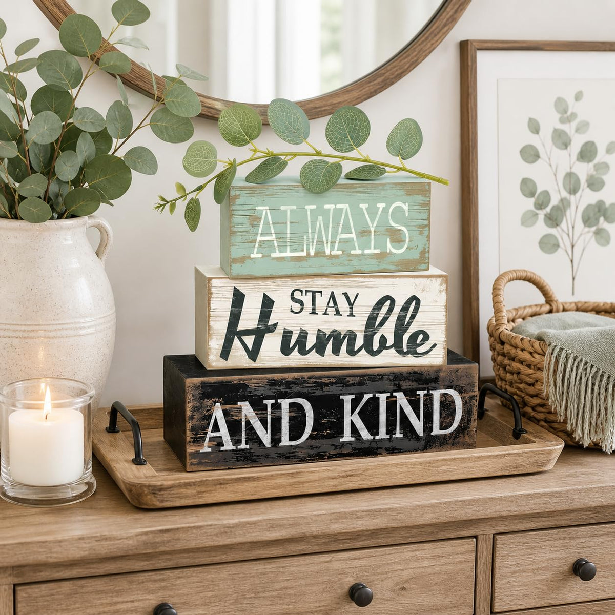 4 Pcs Farmhouse Stacked Wooden Decor Always Stay Humble and Kind Inspirational Table Signs with Eucalyptus Leaves for Living Room Shelf Fireplace Mantle Home Decoration Housewarming Gift