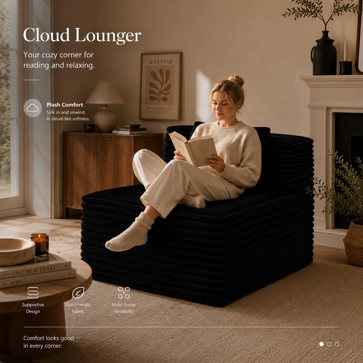 TIRUSS Black 38.58'' Armless Middle Modular Sofa Module, Boneless Fluffy Corduroy Cloud Chair, Detachable Sectional Couch Seat for Living Room Small Spaces