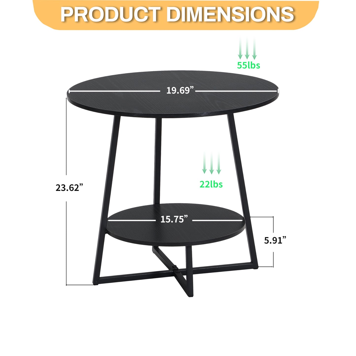 D&H FURNIMMT 20" Living Room Side Table Set of 2 for Small Spaces, 2 Tier Wood Top Round End Tables with Storage Shelf, Accent Sofa Table for Bedroom, Office, Sunroom, Balcony, Black