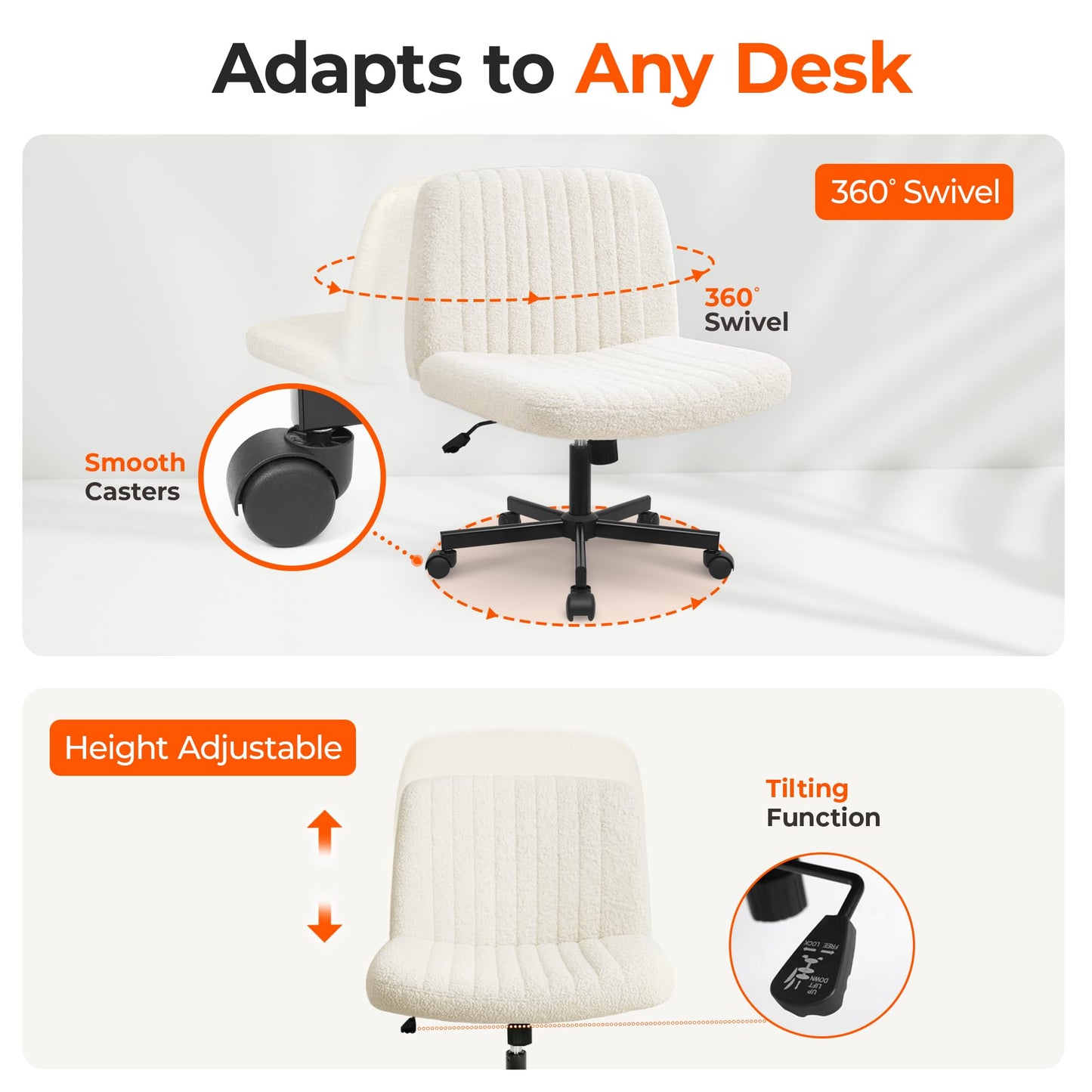 Orange Factory Criss Cross Chair Wheels Vanity Chair Office Desk Comfy Wide Cross Legged Armless Teddy Fabric Adjustable Swivel for Home Computer Task (White, Teddy Fleece)