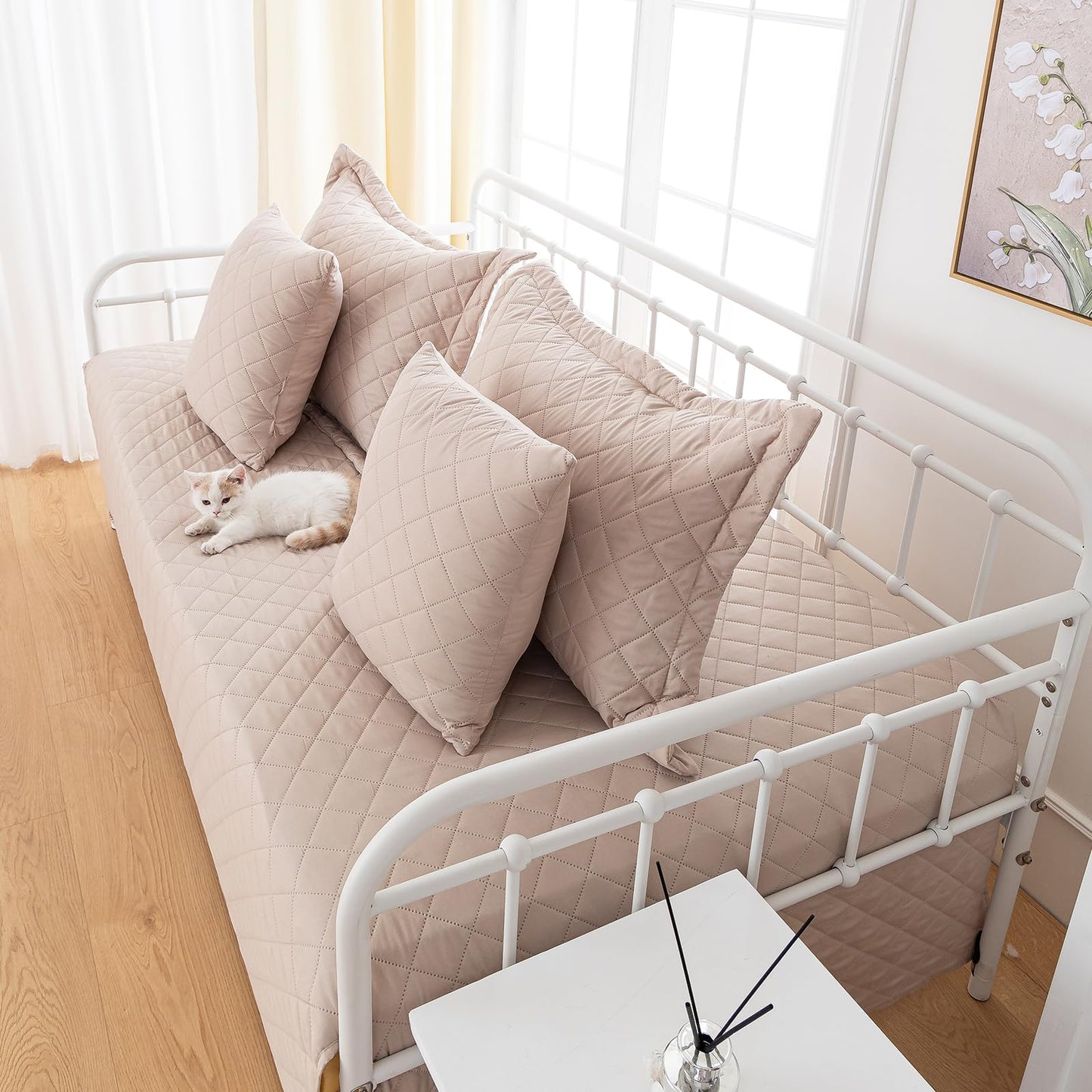 TieyaChkis 5 Piece Daybed Cover Set Twin Daybed Bedding Sets for All Season Lightweight Daybed Comforter with Matching Shams&Decorative Pillows, Double Sided-Quilting Day Bed Cover,39"x75",Beige