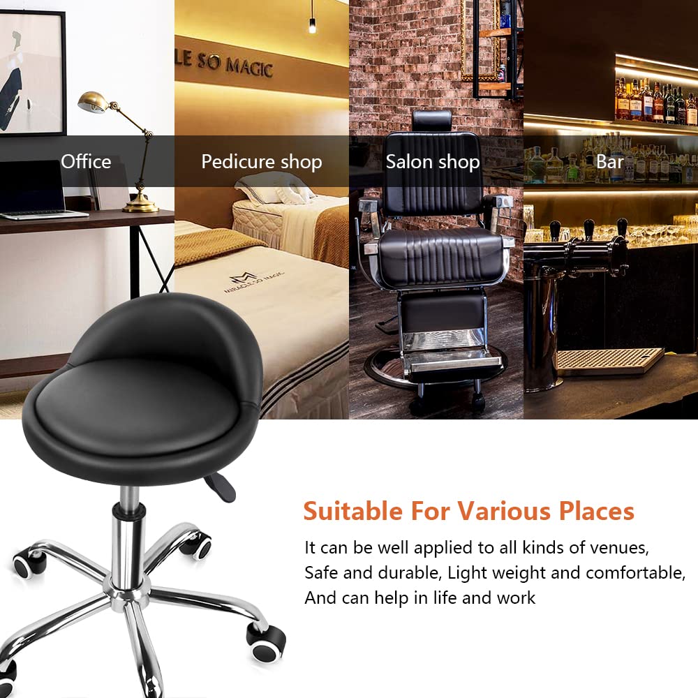 KKTONER PU Leather Round Rolling Stool with Back Rest Height Adjustable Swivel Drafting Work SPA Task Chair with Wheels Black