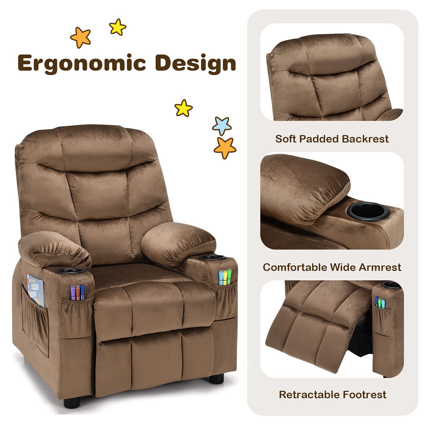Costzon Kids Recliner Chair with Cup Holder, Adjustable Velvet Lounge Chair w/Footrest & Side Pockets for Children Boys Girls Room, Ergonomic Toddler Furniture Sofa, Kids Recliner (Brown)