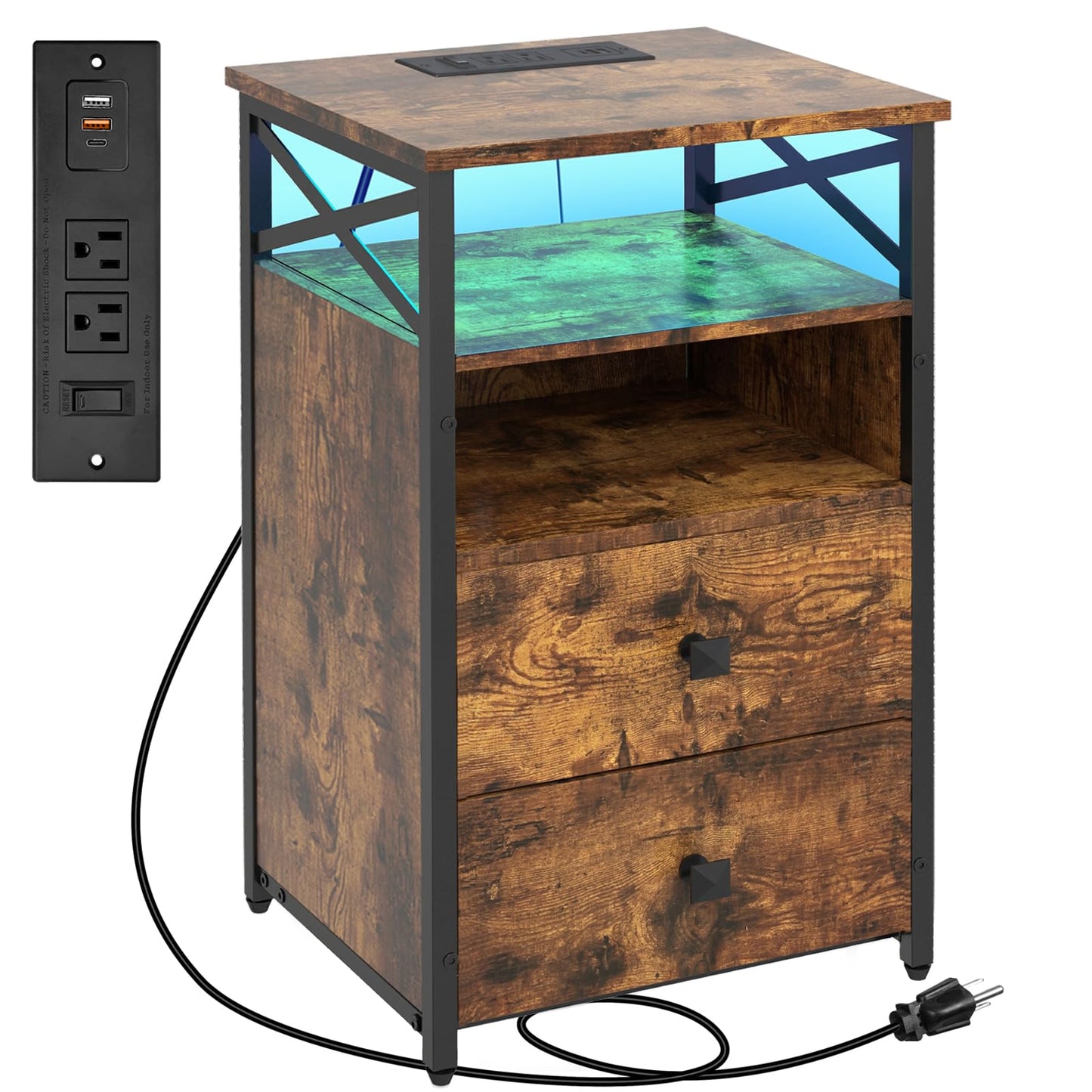 Livofloral LED Nightstand with Charging Station and Wood Drawers, Side Tables Living Room with Outlets, Farmhouse End Table with Storage, Bedside Table for Bedroom with LED Light, Brown