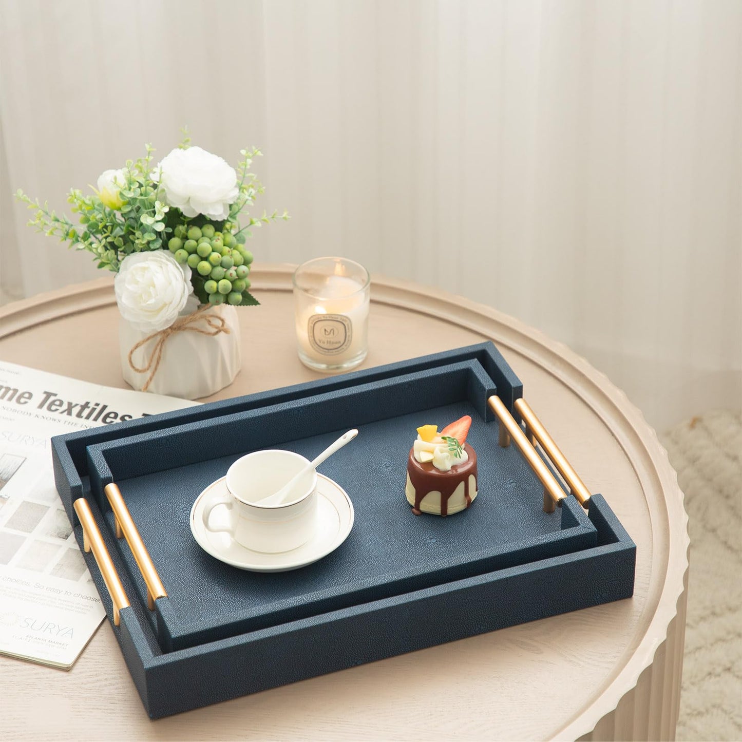 UPPER DECOR Modern Decorative Tray Set of 2, Blue Shagreen Leather Tray, Rectangle Serving Trays with Gold Polished Metal Handles, Ottoman Trays Coffee Table Perfume Kitchen Home Decor