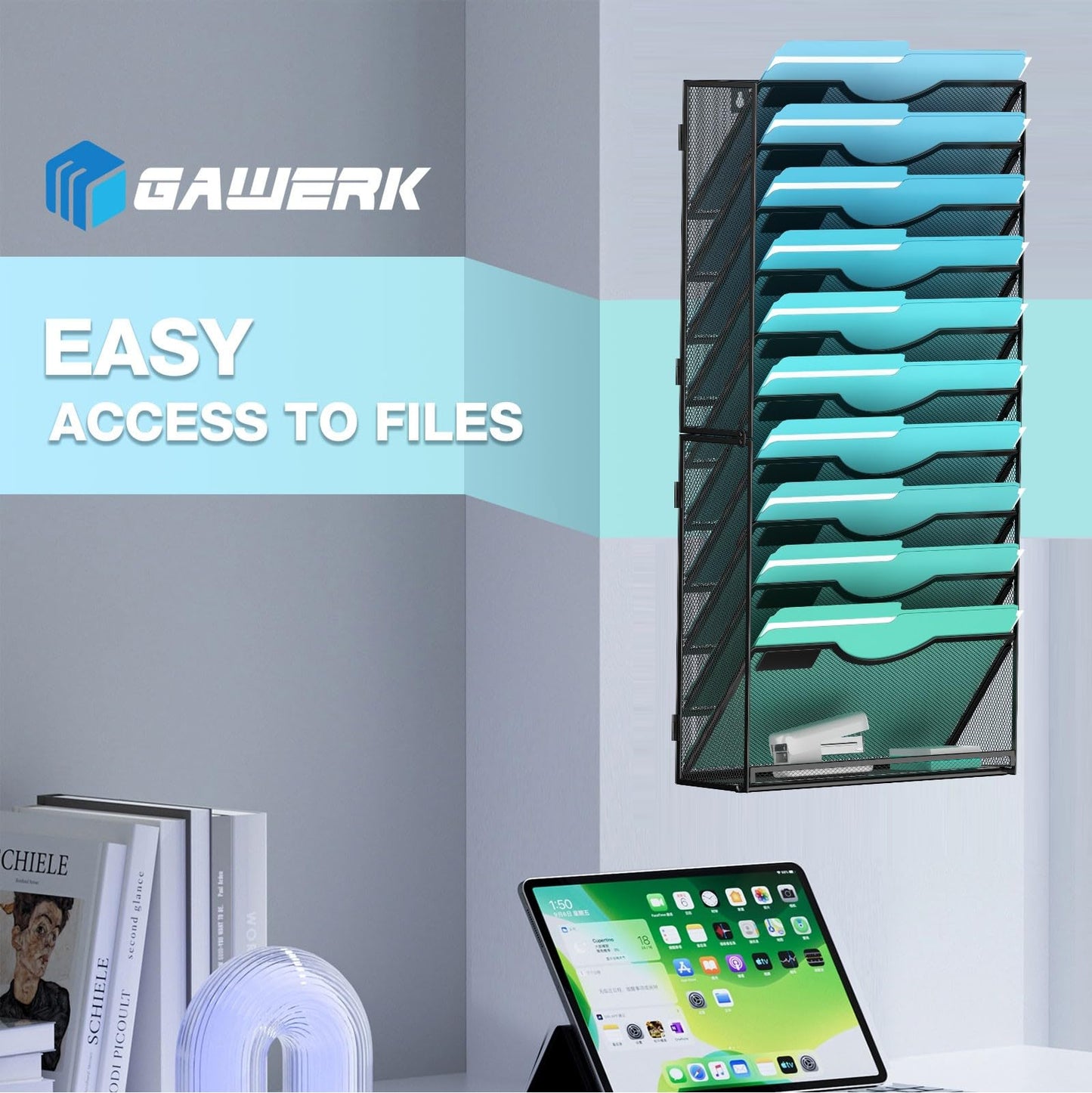 Gawerk 11-Tier Wall File Organizer Hanging Wall File Holder Wall Mount Paper Folder Organize, Mesh Magazine Document Mail Organizer Wall Organizer for Office School Home, Black