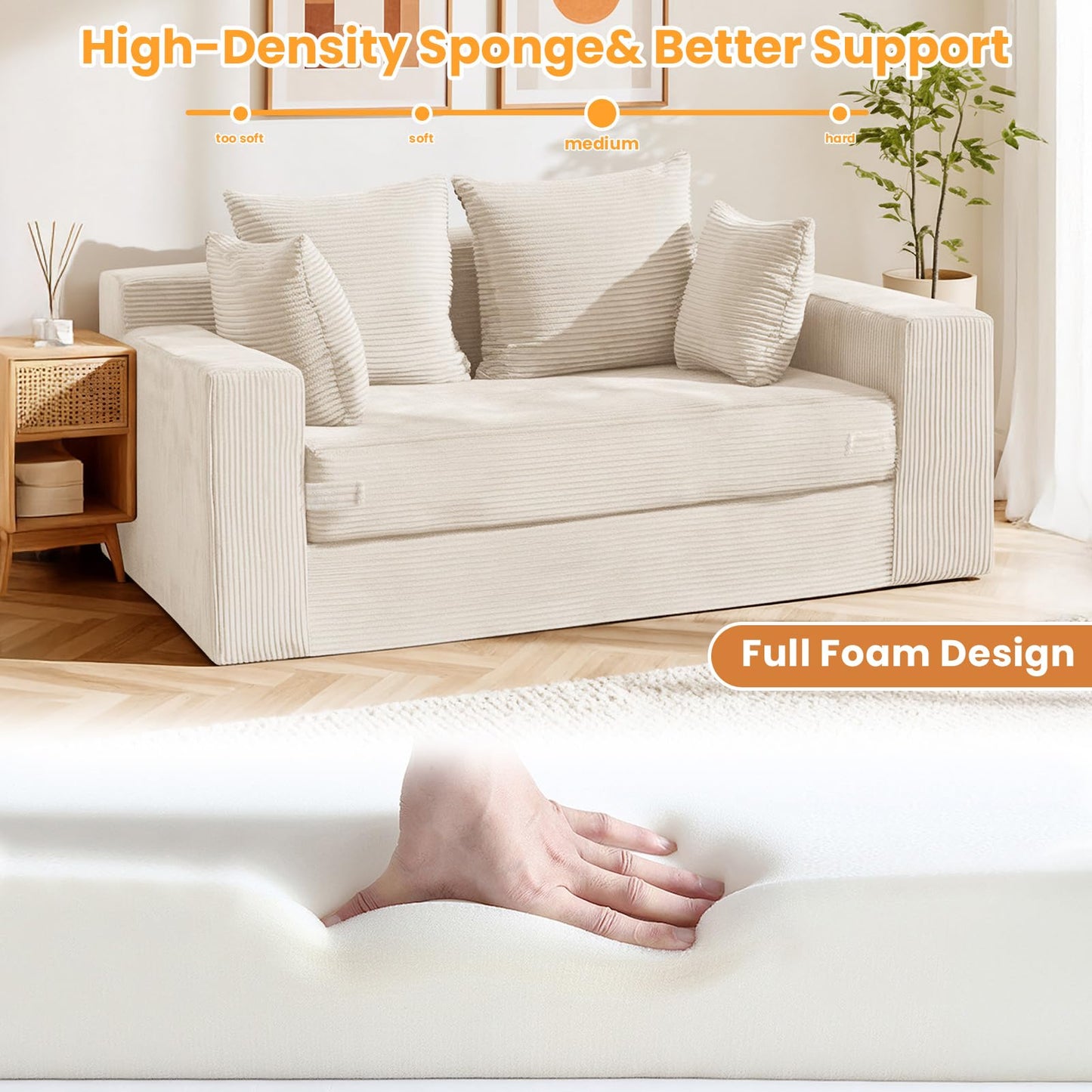 Winzoo Boneless Loveseat Sleeper Sofa Bed, 3-in-1 Convertible Sofa Bed and Futon Couch with 4 Pillows, 55" Beige Boneless Couch for Living Room, Guest Room, Small Space, No Assembly Required, Corduroy