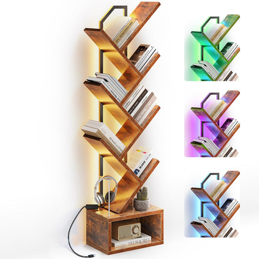 Casaottima Tree Bookshelf with LED Lights, 6-Tier Narrow Bookcase for Small Spaces, Tall Steel & Wood Storage Shelf with Cabinet, Home Decor & Organizer for Living Room/Bedroom/Home Office, Vintage