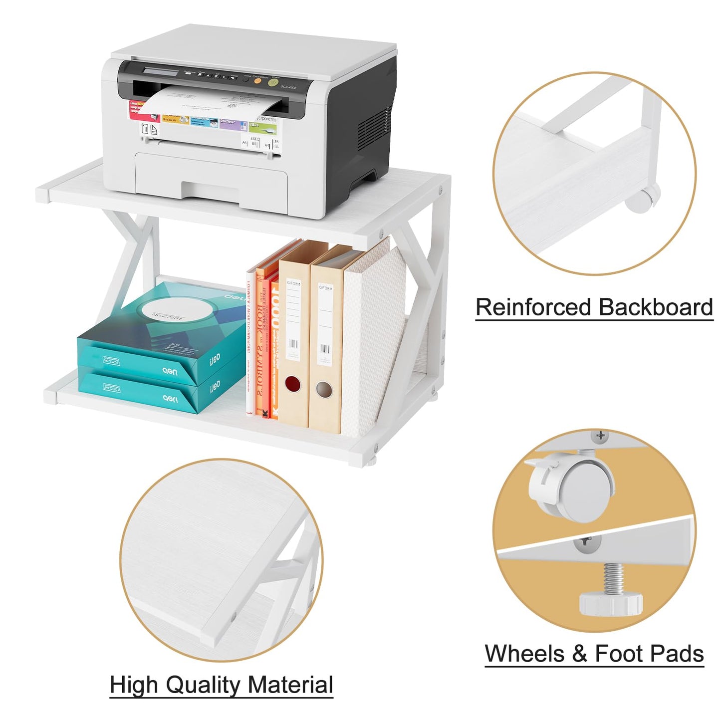 aboxoo Desktop Printer Stand with 2 Tier Wood Storage Shelves,Under Desk Printer Table,Multi-Purpose Home Office Desk Organizer for Fax Machine, Scanner (White)