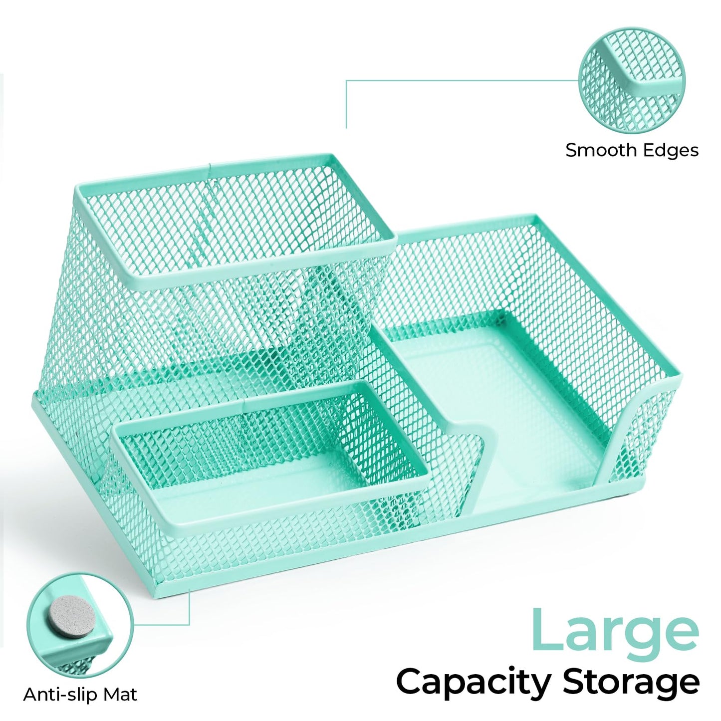 M&G Mesh Pen Holder Desk Organizers Pencil Holder for Desk Light Blue, 3 Compartments Metal Office Supply Organizer with Sticky Notes Holder for Home Office