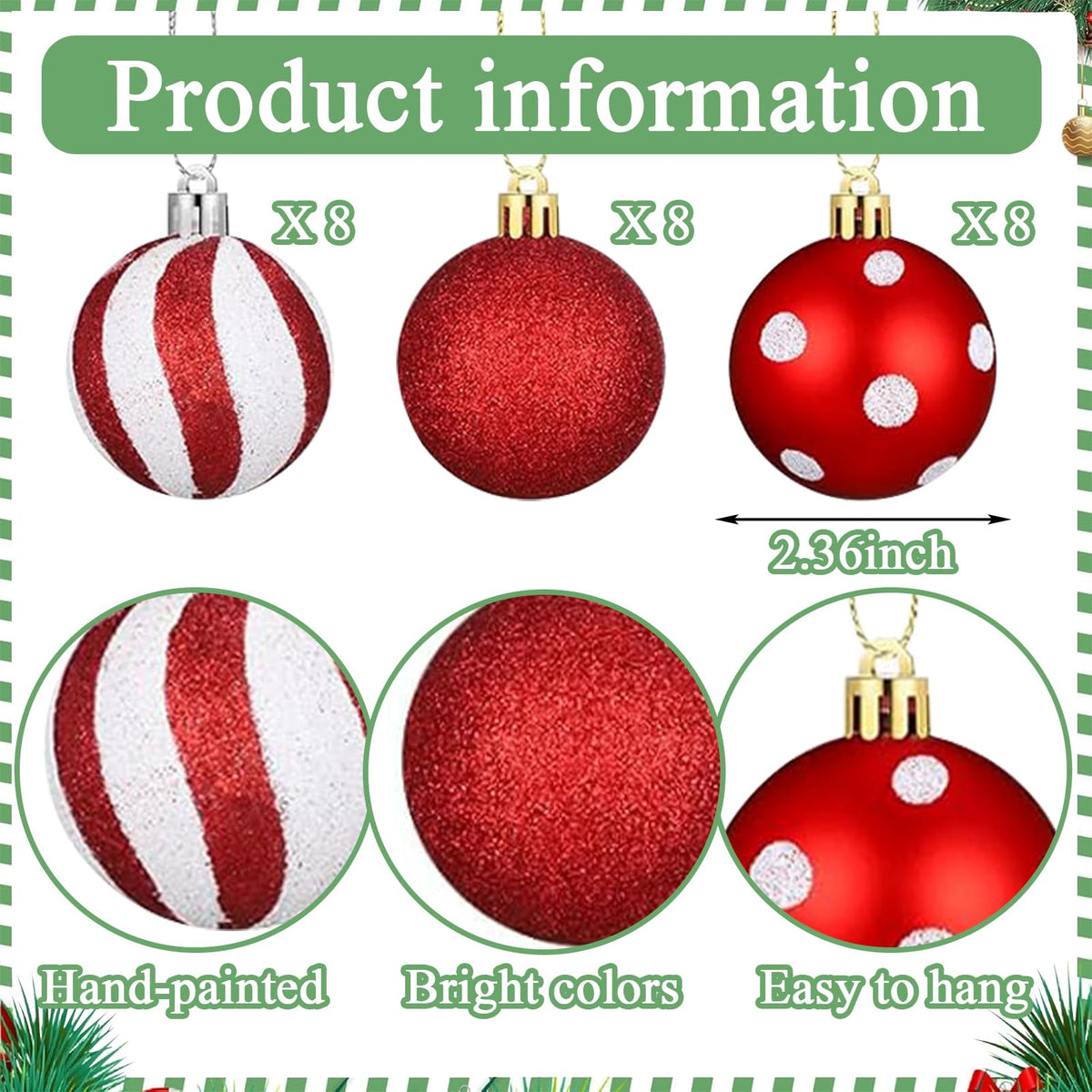 24Pcs Christmas Balls Ornaments Red White Polka Dots Stripes Decor 2.36Inch