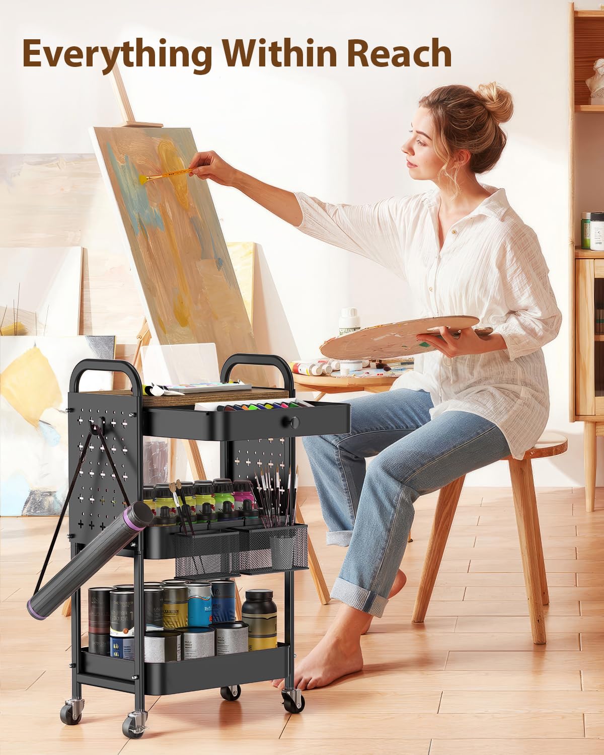 ALVOROG Rolling Cart with Drawer and Wood Table Top, 3 Tier Metal Rolling Utility Cart on Wheels with DIY Pegboards, Hanging Baskets, Hooks for Bedroom,Office,Craft Supplies