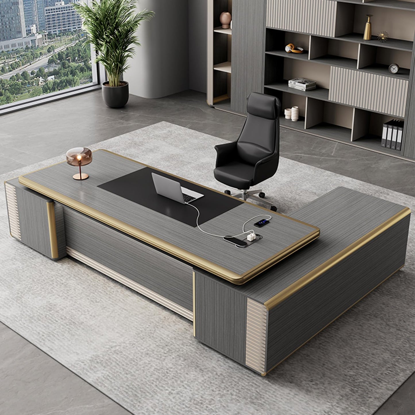 LSIGHTUS Modern Executive Office Desk with Lateral Cabinet, Luxury Wood Reception Desk with Metal Frame, Writing Study Table Business Furniture Set Workstation for CEO Boss Manager