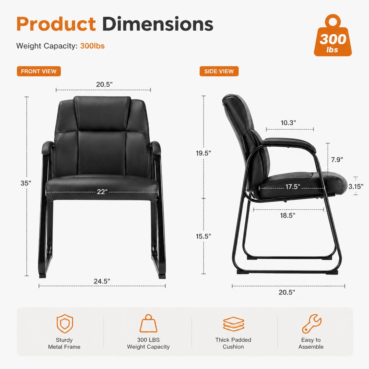 Simple Deluxe Leather Guest Chairs with Padded Arms & Sled Base - Set of 2 Stationary No Wheel Waiting Room Chair for Conference Reception Rooms, Lobby, Home Office Computer Desk, Bedroom, Black
