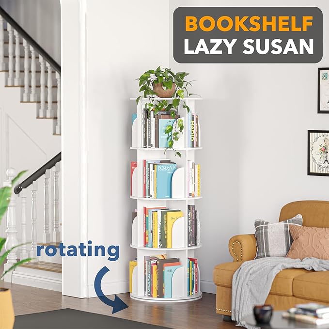 SpaceAid 4 Tier Rotating Bookshelf Tower, Spinning Bookcase Lazy Susan