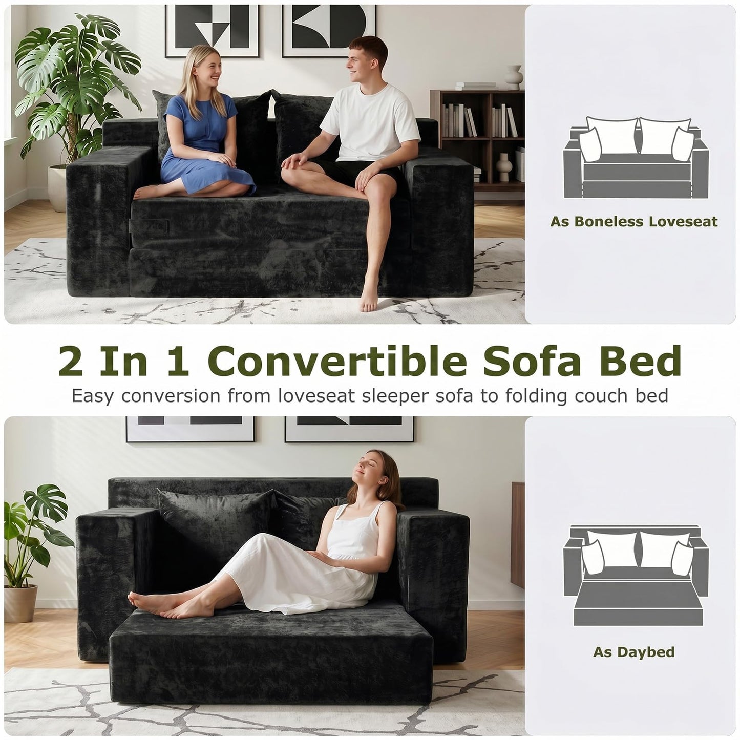 feliz home Boneless Loveseat Couch, Convertible Sofa Bed Folding Couch Bed, Boneless Chair Bed & Futon Sofa Bed, Small Pull Out Couch Foldable with 4 Pillows for Living Room, Black