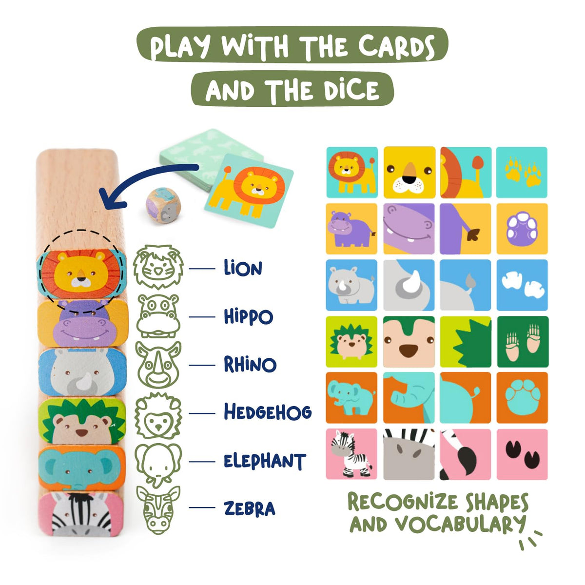 Nene Toys Wooden Block Stacking Game – 4-in-1 Tumble Tower Family Board Game with Building Blocks, Cards and Dice – African Safari Educational Wooden Toy for Kids 3-9 Years Old About Animals