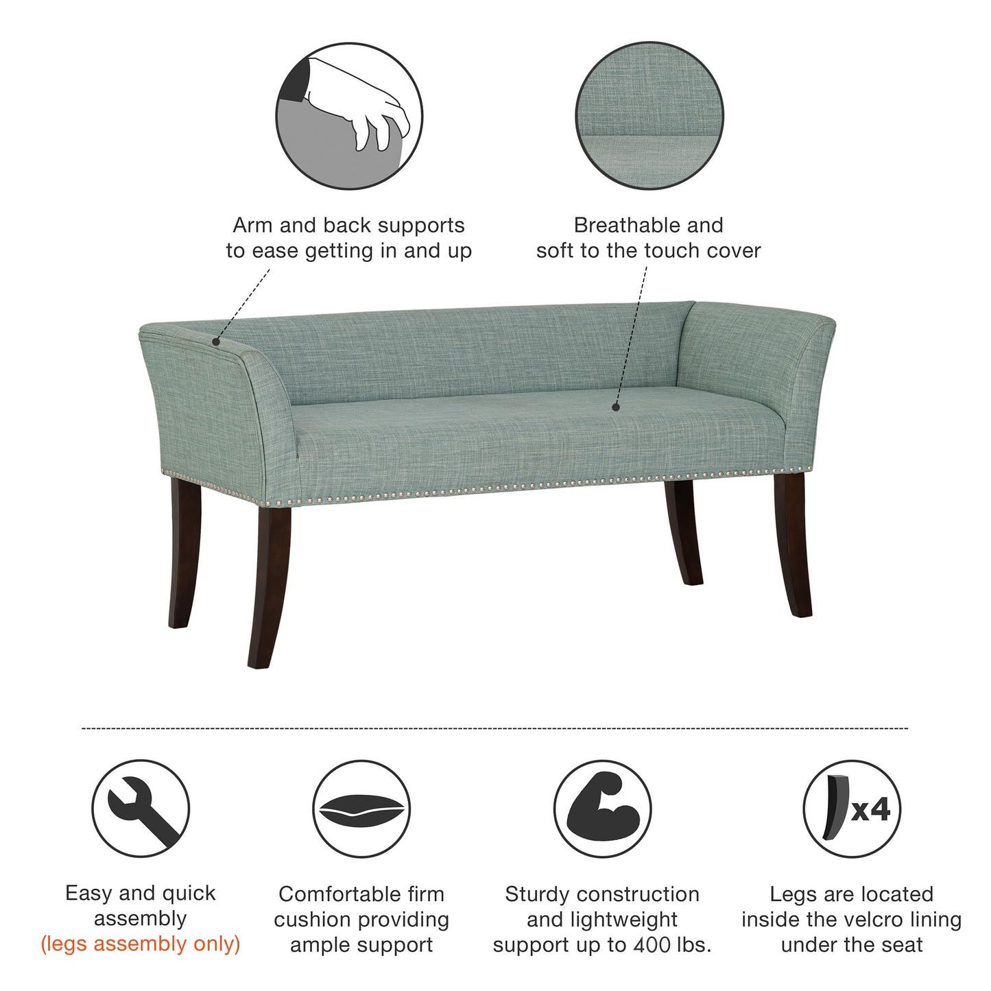Madison Park Accent Bench for Living Room, Upholstered with Nailhead Trim, & Padded Seat Entryway Bench Small, End of Bed Bench with Back, 49.5" W x 19.25" D x 23" H, Light Blue