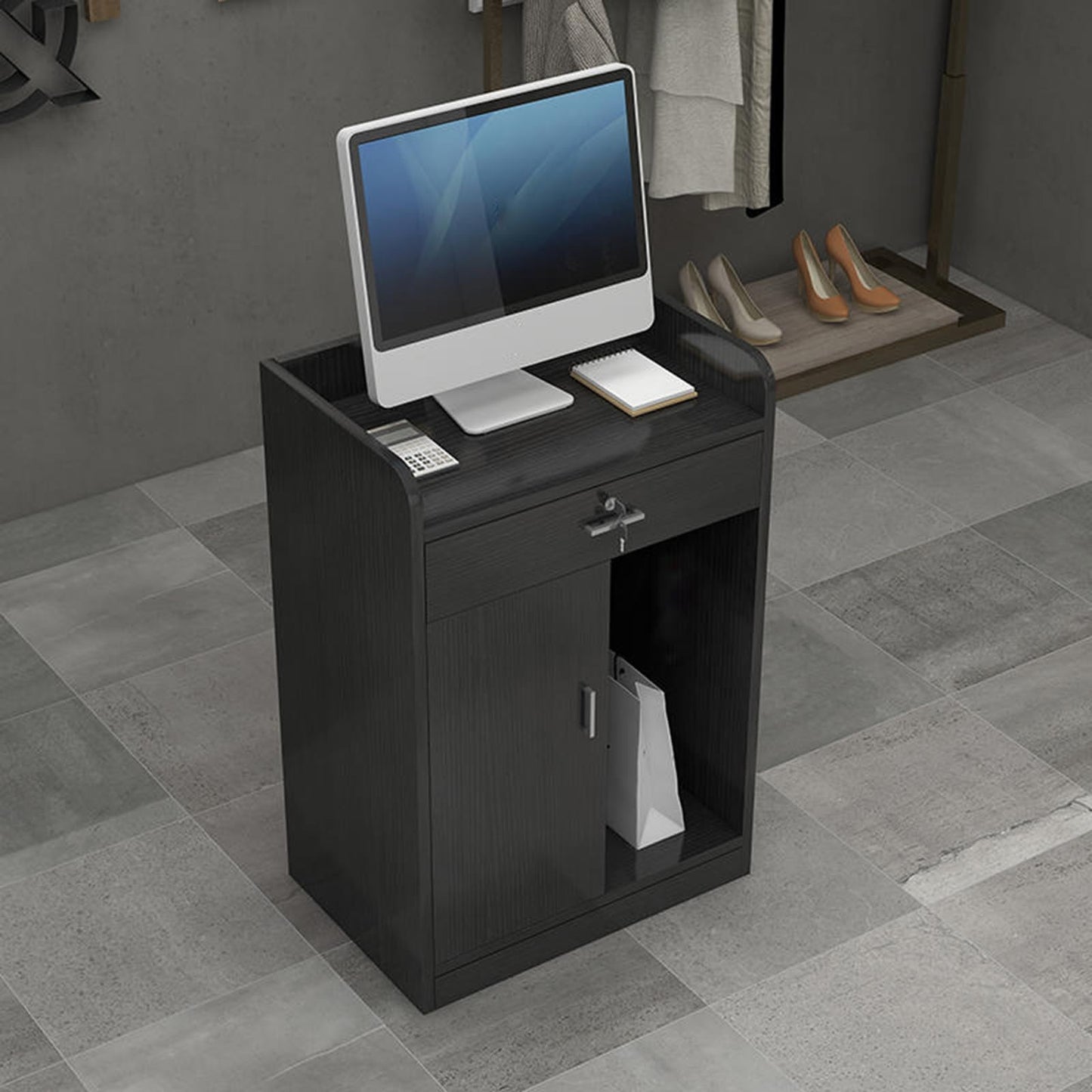 Reception Desk for Spaces with Lockable Drawer, Compact Office Counter Desk Counter Modern Front Lockable Drawers,Modern Reception Desk with Lockable Drawer and Storage Cabinet Corner Cashie