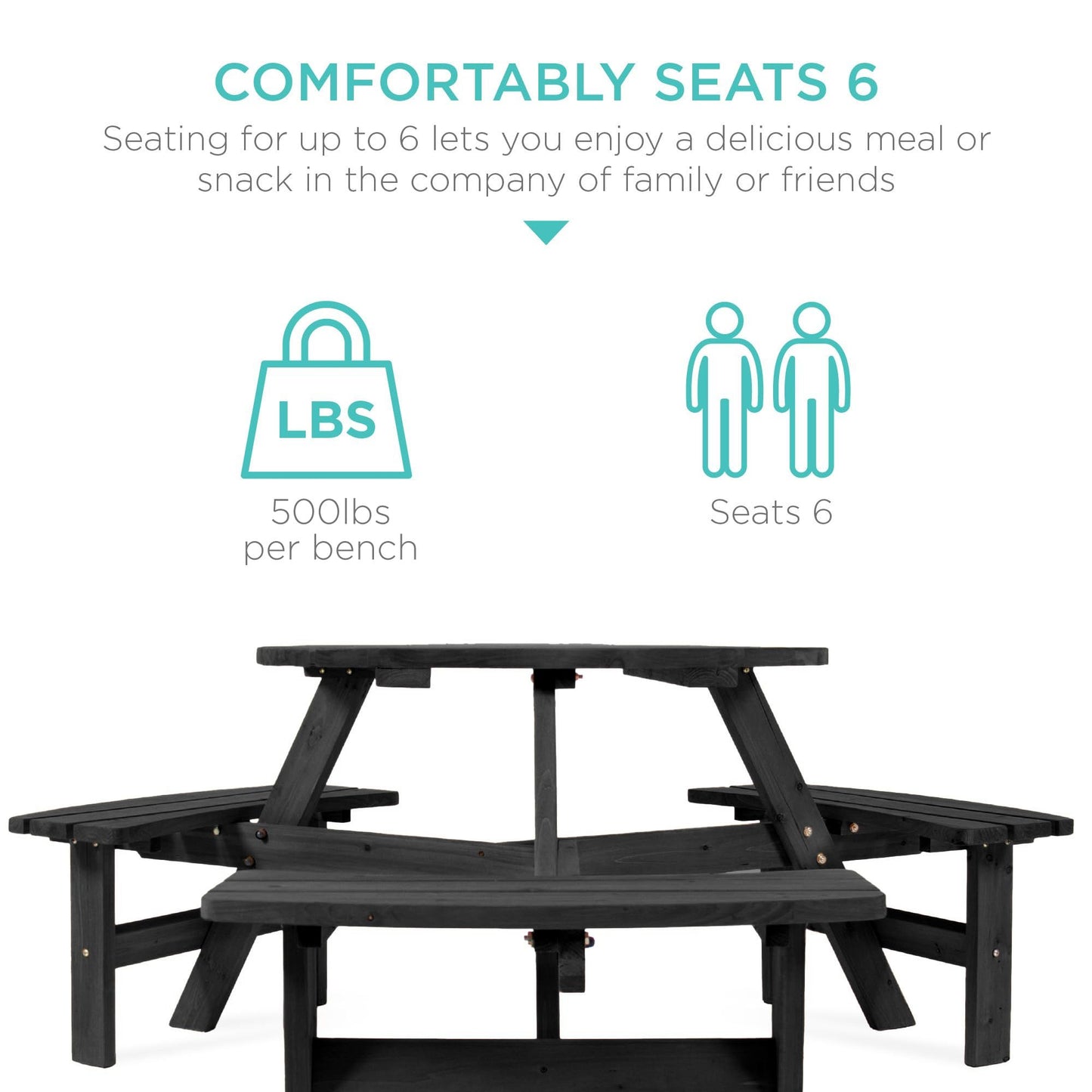 Best Choice Products 6-Person Circular Outdoor Wooden Picnic Table for Patio, Backyard, Garden, DIY w/ 3 Built-in Benches, 500lb Capacity - Black