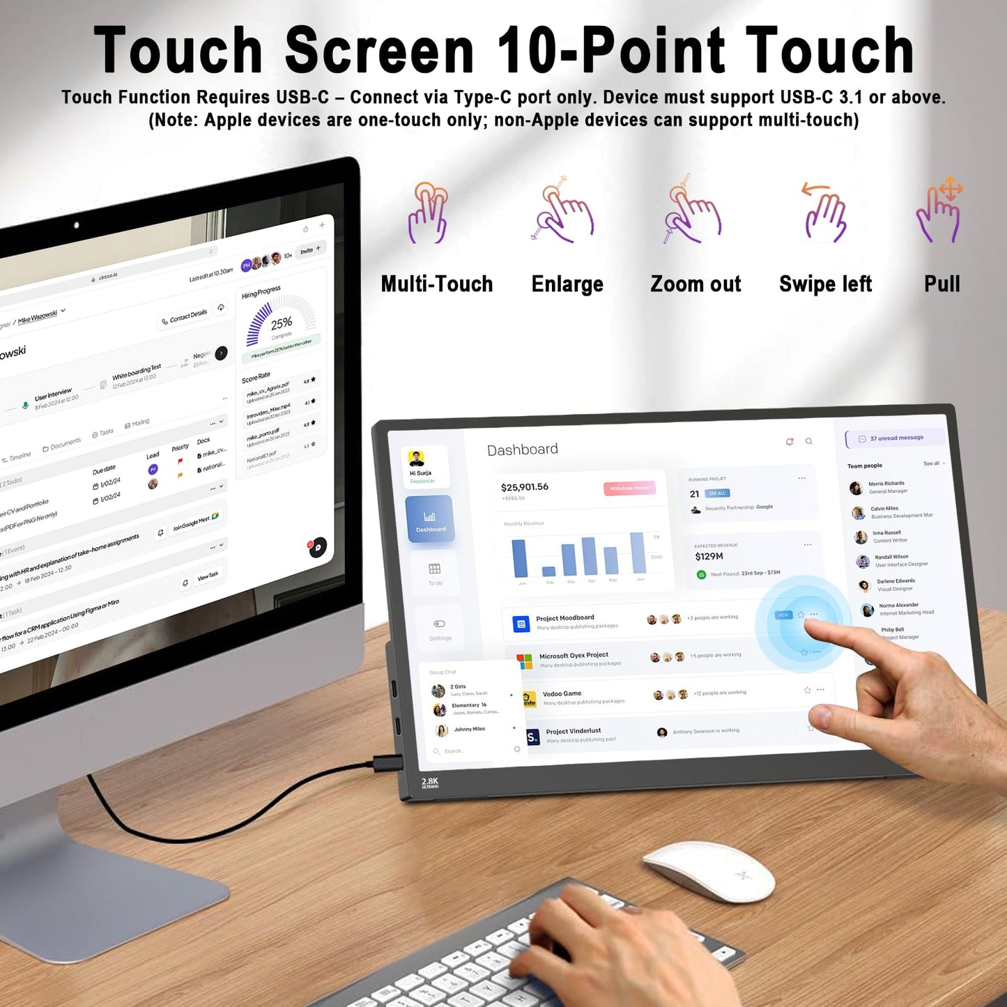 2.5K 100Hz Portable Monitor Touchscreen, 15.6'' QHD 2880x1620 300 Nits 100% sRGB IPS Gaming Monitor w/VESA HDR FreeSync Eye Care USB-C HDMI External Second Screen for Laptop PC Phone Switch PS3/4/5