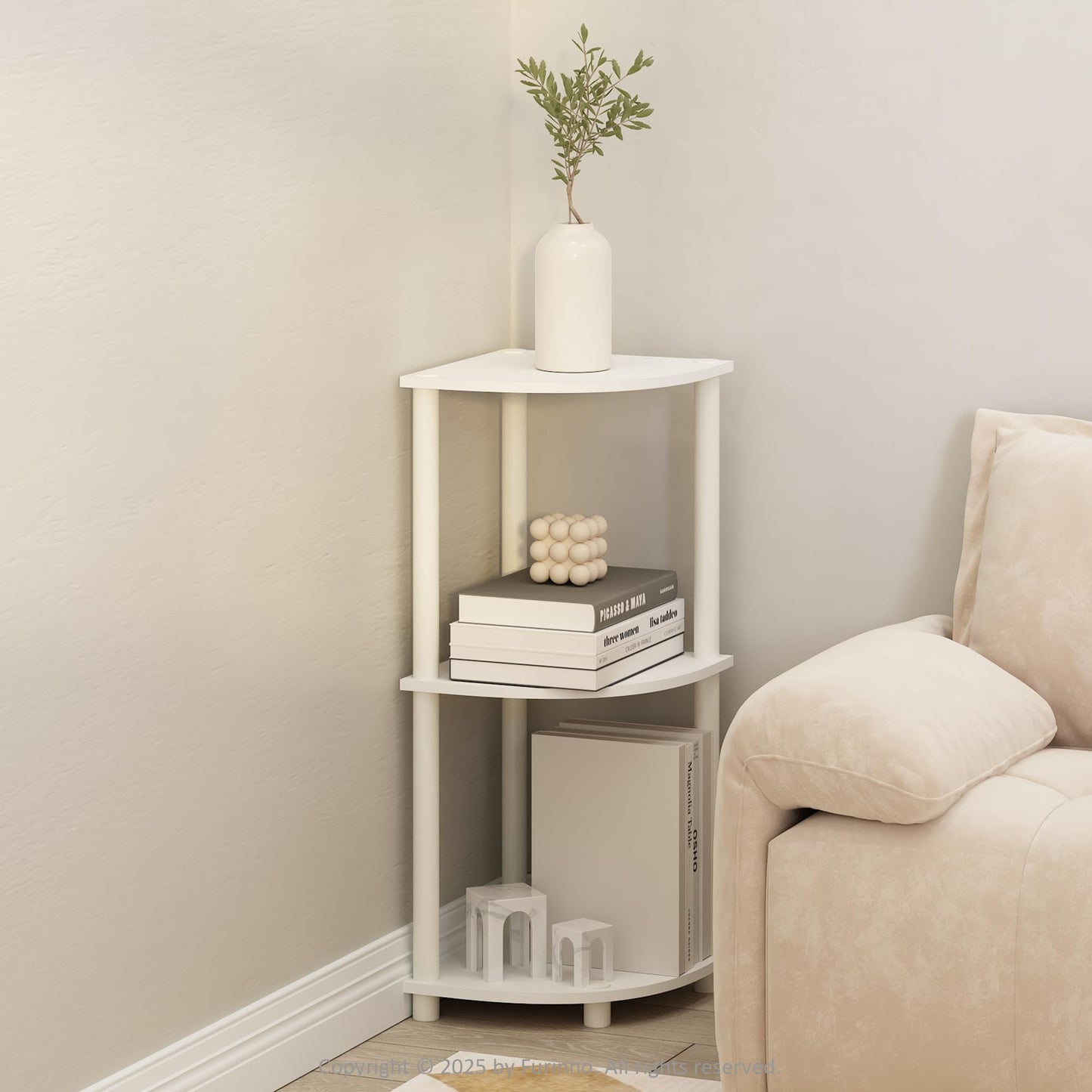 Furinno Turn-N-Tube Corner Shelf, 3-Tier Corner Bookshelf, Display Storage Shelves with Open Shelves, for Organization and Storage, Living Room, Home Office, Garage, White
