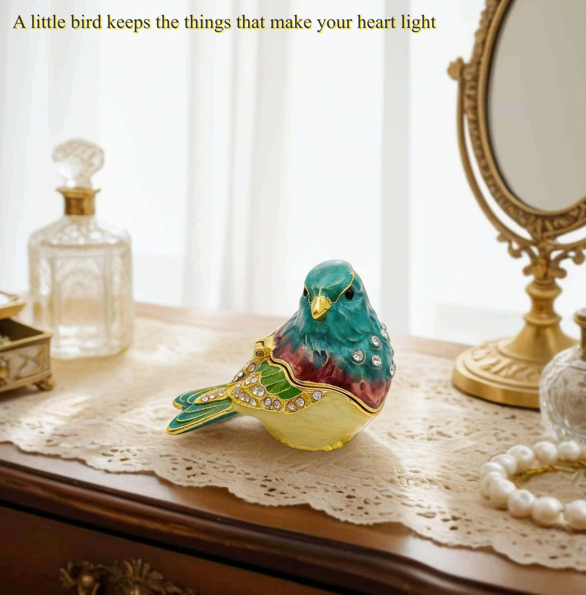 JWT Astyle Turquoise Green Bird Trinket Boxes Hinged,Bird Decor with Crystals Enamel Jewelry Box.Necklace Ring Box Earrings Storage.Collectible Birds Lover Gifts Figurines Home Decor