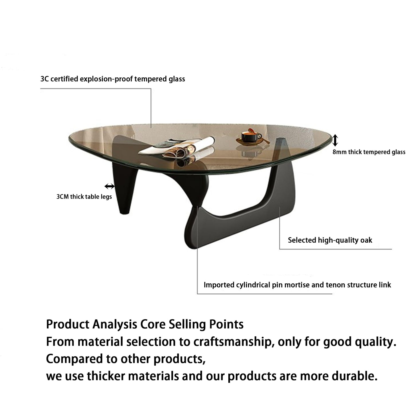 EASYSOUL Modern Glass Coffee Table, 32.68" D x 22.44" W x 15.75" H, Abstract Round Tea Tables for Living Room Home Office Industrial Cocktail Tables (Black-Brown Glass, 32.68")