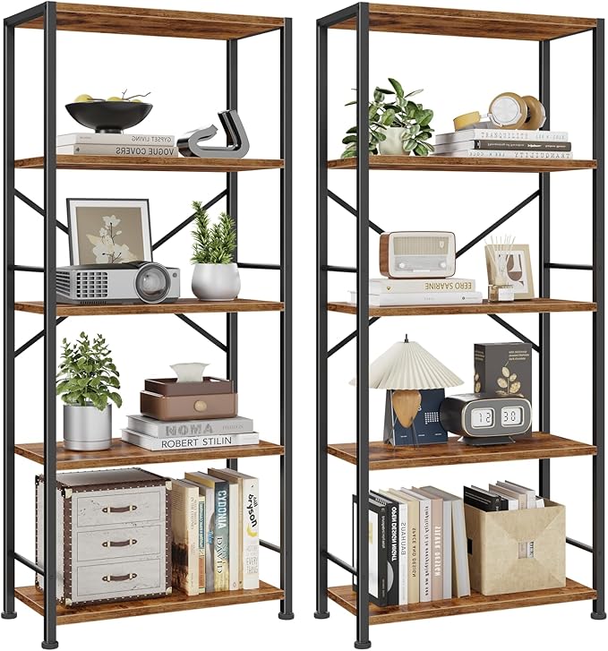 Furologee 5 Tier Book Shelf Set of 2, Tall Wide Bookshelf, Industrial Open