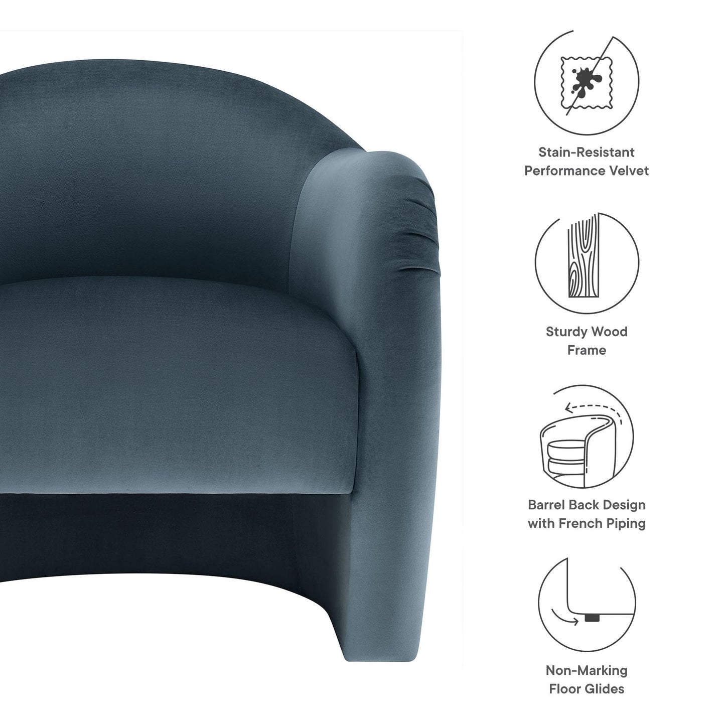 Modway Compose Barrel Chair with Performance Velvet Fabric in Cadet Blue – Upholstered Accent Armchair with Curved Backrest – Cozy Lounge Chair for Reading – Round Comfy Single Sofa Club Chair
