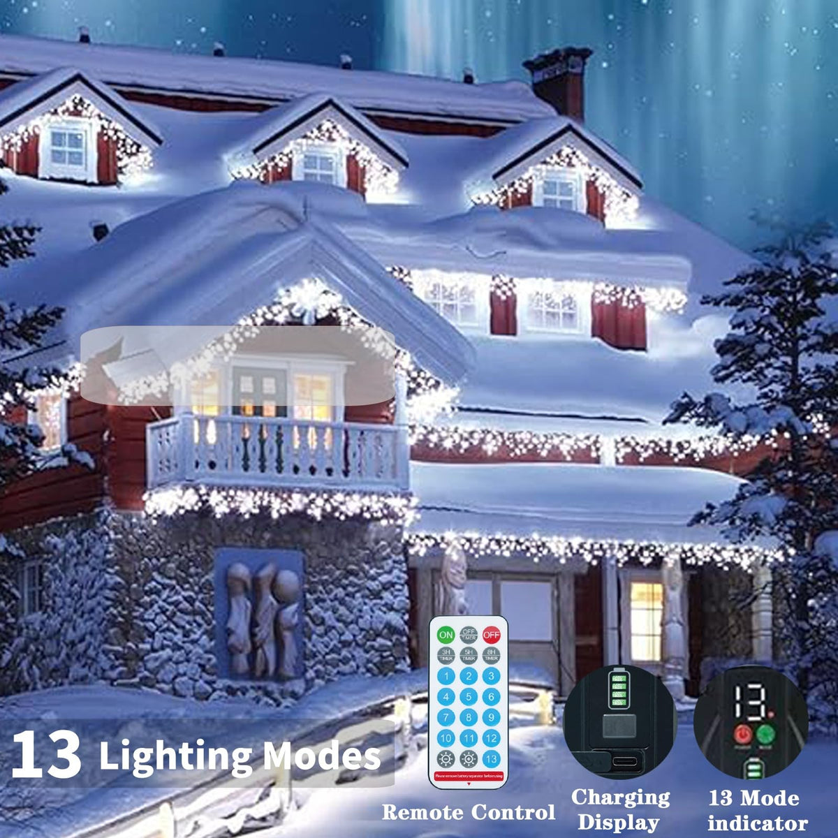 Aolupal Upgraded 640LED Solar Christmas Icicle Lights Outdoor Waterproof,60+16FT 13 Modes & USB Rechargeable Solar Powered Icicle Light for Roof House Yard Christmas Outdoor Decoration (Cool White)