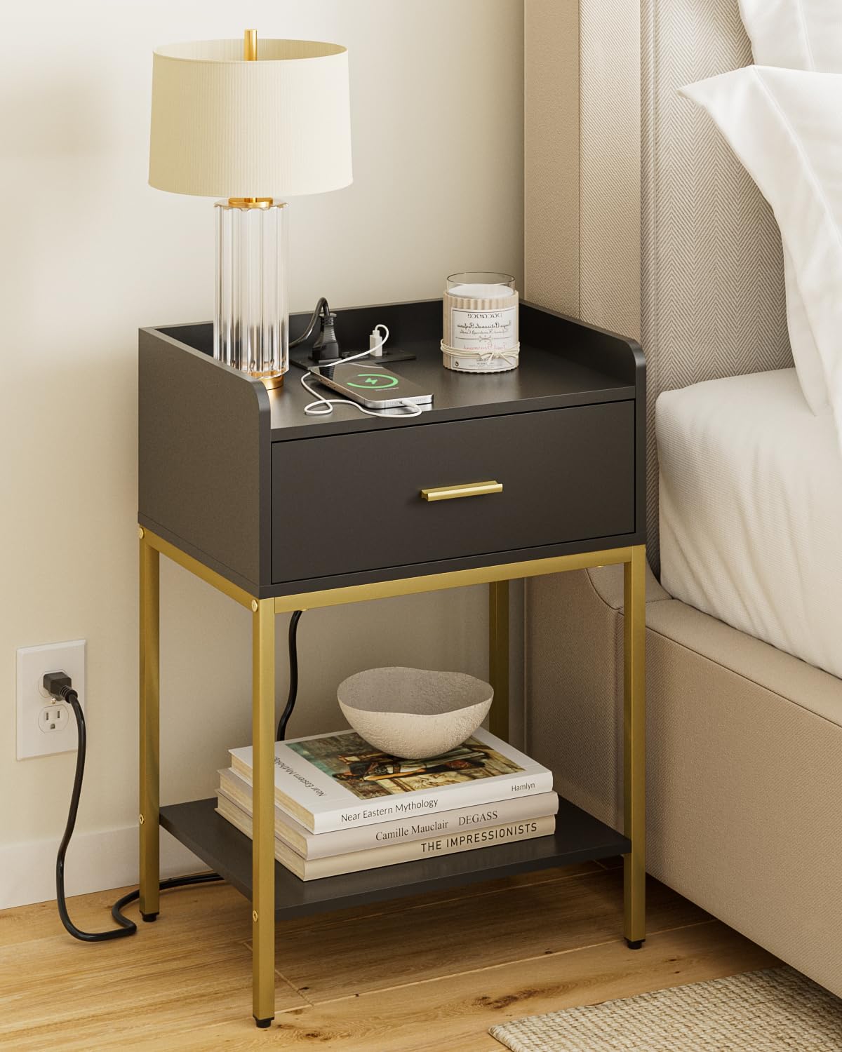Apetaccat Nightstand with Charging Station,3-Tier Bedside Table for Small Space,Modern Night Stand with Storage Drawer and Shelf,Small Side Table for Bedroom,Living Room,Black