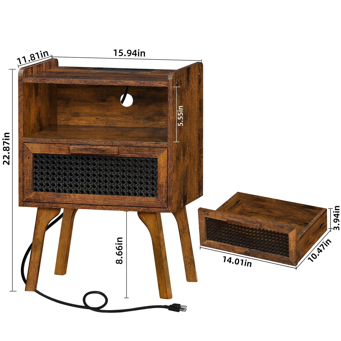Lerliuo Rattan Nightstand with Charging Station, Side Table with Drawer Open Shelf, Cane Accent Bedside End Table with Solid Wood Legs, Night Stand for Bedroom, Dorm and Small Spaces (Brown)