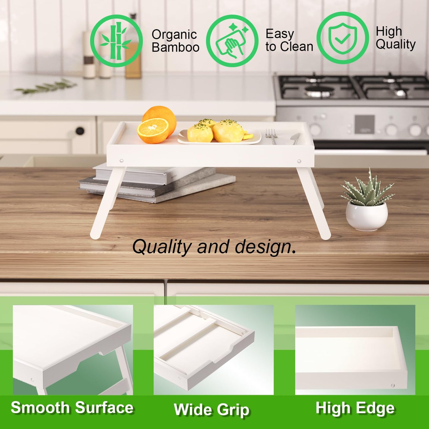 Fibogollo 2 Pack Bamboo Bed Tray Table with Folding Legs,Breakfast Trays,Serving Tray for Food and Snack,Laptop Trays for Working(White)