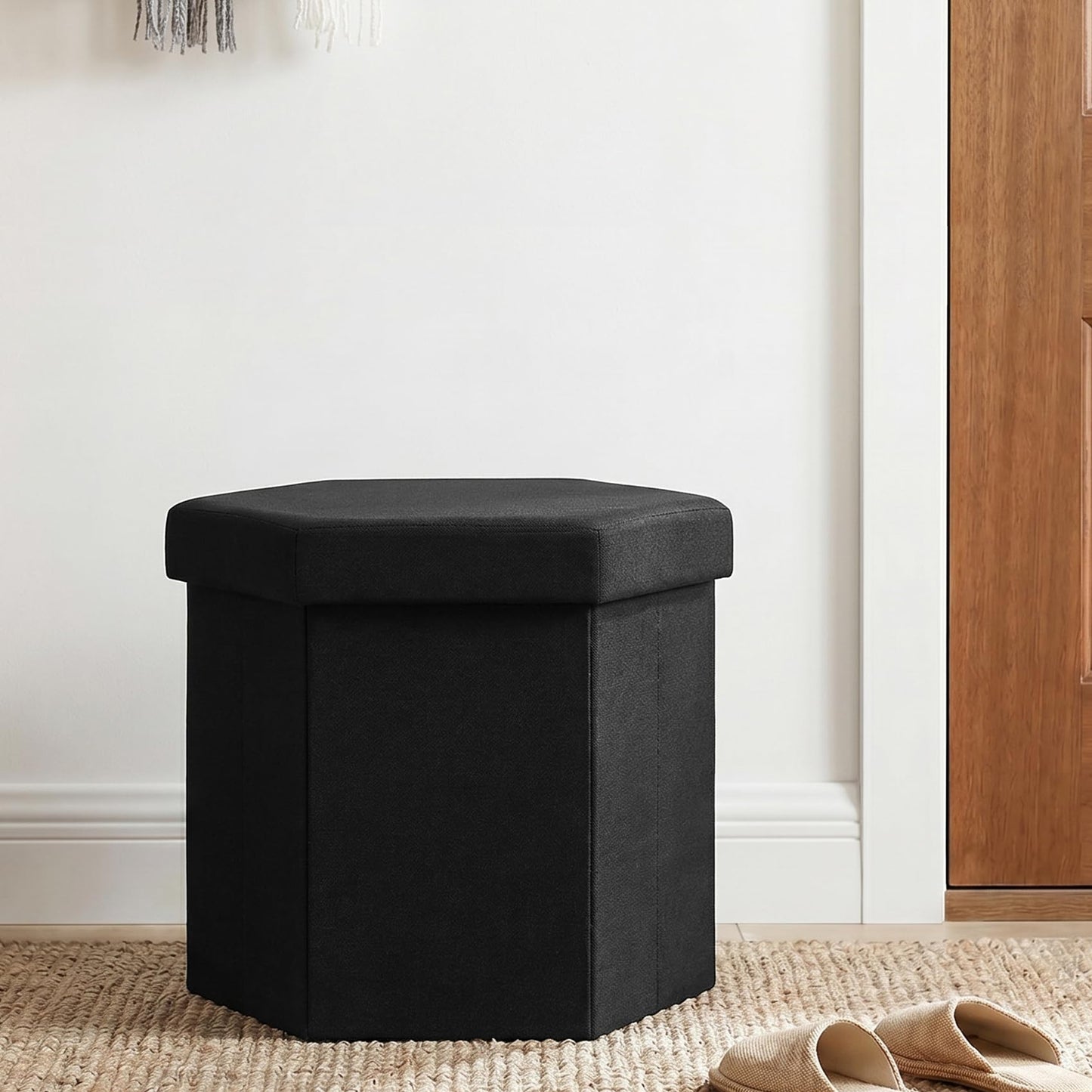 ZOLANOful Hexagon Storage Ottoman, Foldable Linen Footrest with Hidden Storage, Upholstered Ottoman Footstool for Living Room, Bedroom, Dorm, Entryway, 15 x 16.9 x 15 Inches, Black