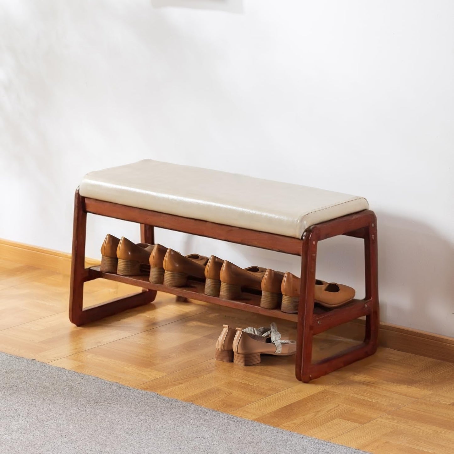 SOBIBO Solid Wood Shoe Bench, 2-Tier Wooden Entryway Bench, Modern Shoe Rack with Faux Leather Cushion for Hallway, Living Room (Gray, 31.5'')