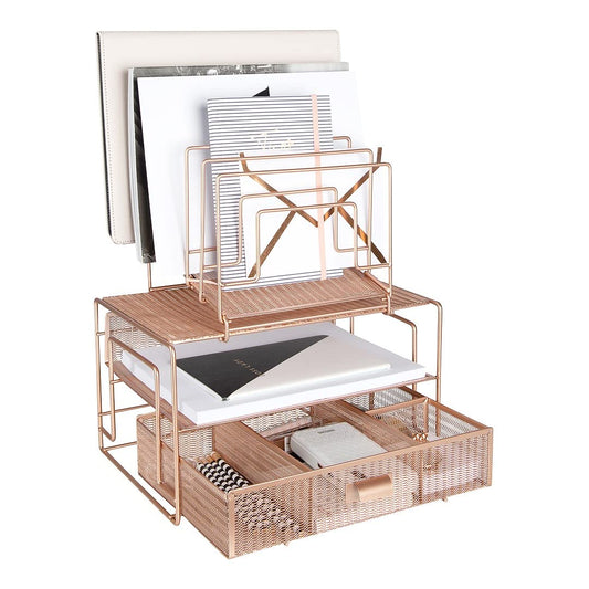 BLU MONACO Rose Gold Desk Organizer with Drawer | Metal Mesh Desktop Rack with File Sorters & Paper Storage | Space-Saving Workspace Organizer for Home Office, Cubicle, Kitchen or Dorm