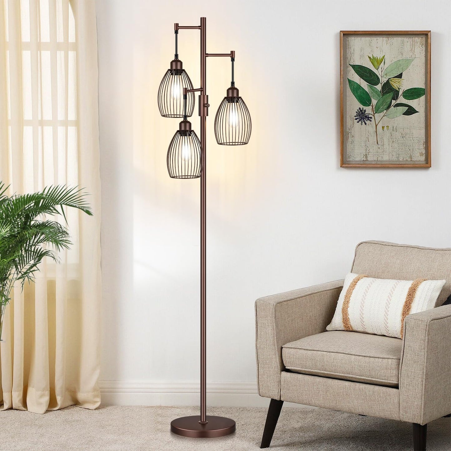Torondo Dimmable Farmhouse Industrial Floor Lamp, Matte Brown Tree Standing Tall Lamps with 3 Elegant Teardrop Cage Head & 800 Lumens LED Edison Bulbs for Living Room Bedroom Office Dining Room