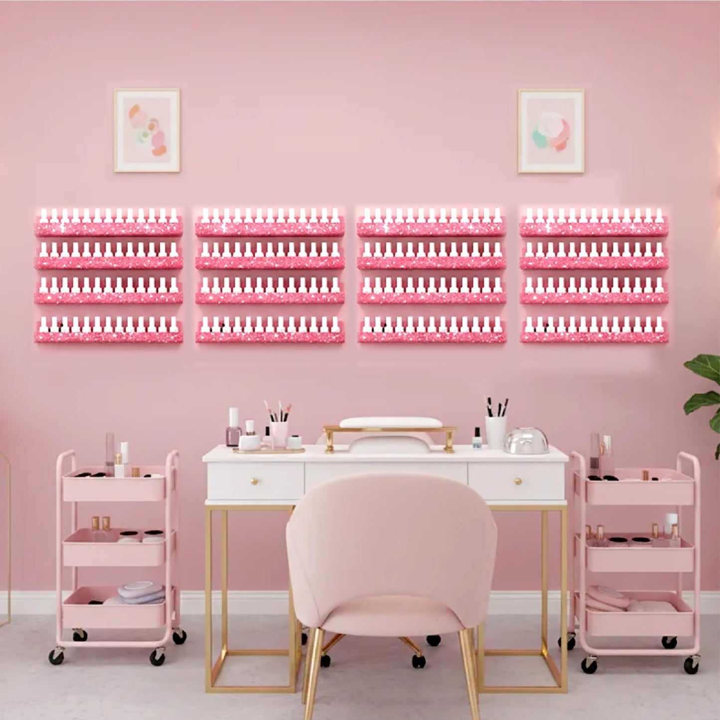 4 Pack 15 Inch Nail Polish Organizer，Diamond Crystal Rhinestone Acrylic Nail Polish Organizer，Sunglasses Essential Oil Picture Display Storage Pink