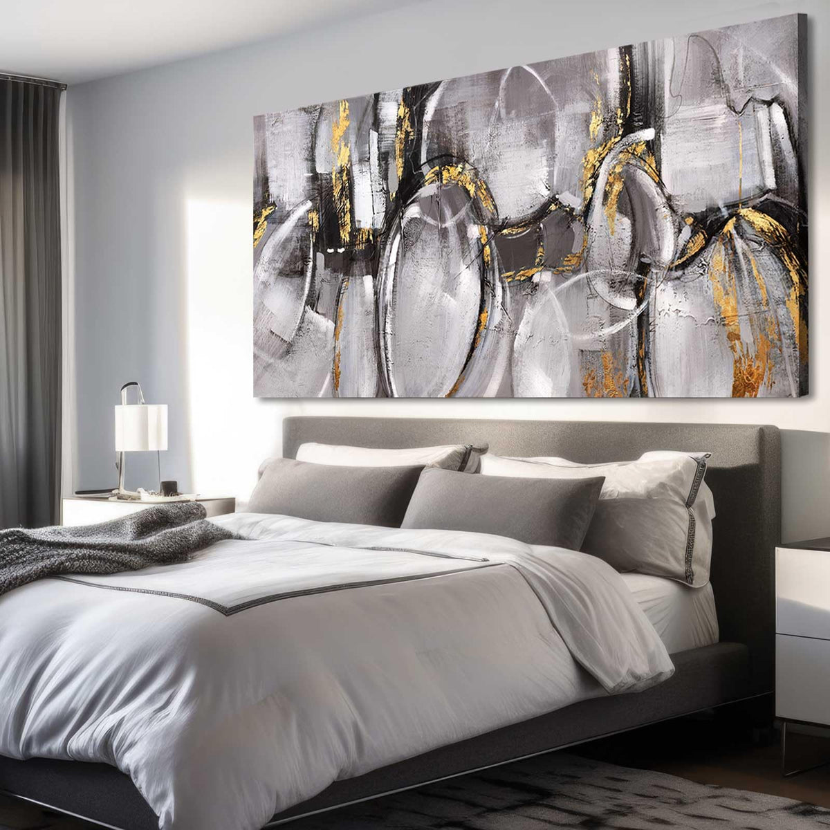 XIANSHOU Black and Grey Painting Pictures Abstract Wall Decor for Office 29"x 58" Modern Artwork Gold Foil Wall Art for Living Room Dining Room Bedroom
