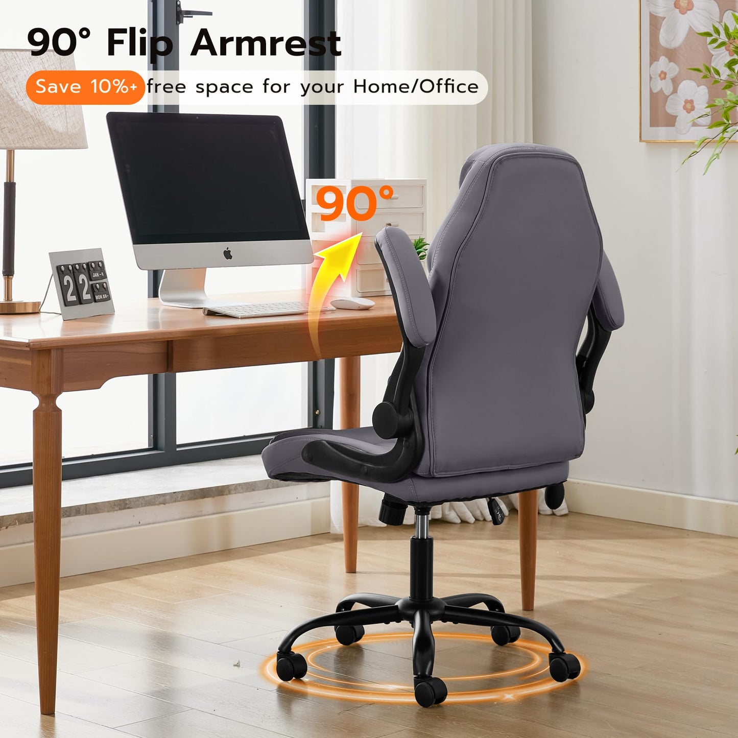 Ylzyxal Office Desk Chair, Ergonomic Computer Chair with Padded Flip-Up Arms and Adjustable Lumbar Support, PU Leather Executive Chair with Tilt Lock and 360° Swivel Rolling Wheels for Work, Study